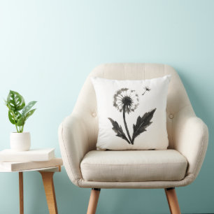 Minimalist Dandelion – Ink Brush Nature Design on Cushion