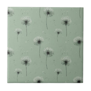 Minimalist Dandelion Seed Pattern Green Ceramic Tile
