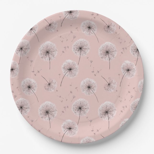 Minimalist Dandelion Seed Pattern Pink (1) Paper Plate (Front)
