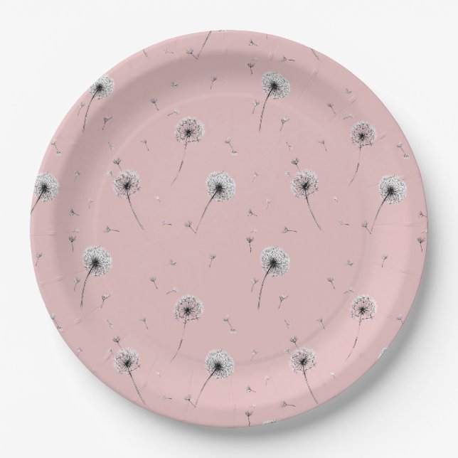 Minimalist Dandelion Seed Pattern Pink (2) Paper Plate (Front)