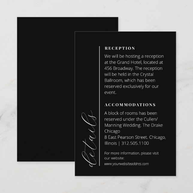 Minimalist dark black and white wedding info enclosure card (Front/Back)