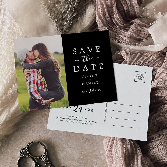 Minimalist | Dark Black Photo Save the Date Invitation Postcard (Creator Uploaded)