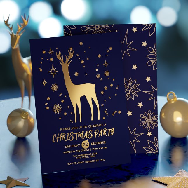 Minimalist dark blue and gold Elegant Deer xmas (Minimalist dark blue and gold Elegant Deer xmas Foil Invitation)