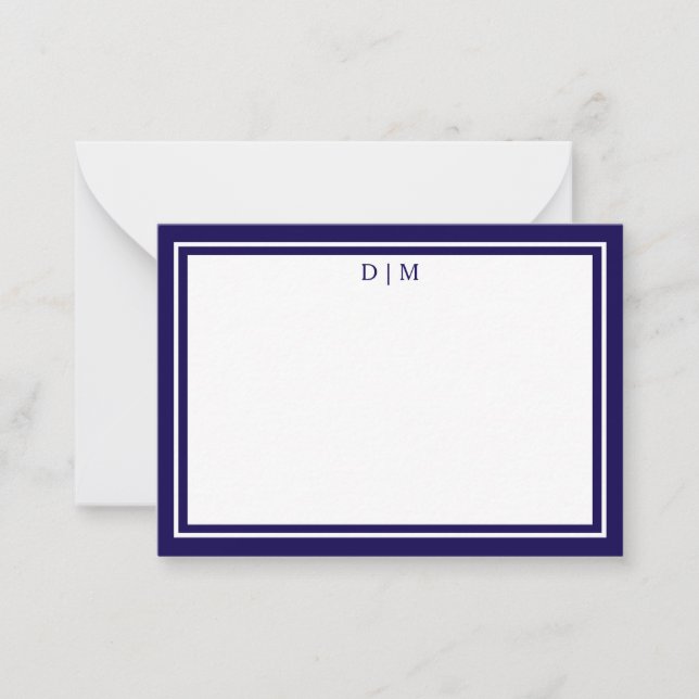 Minimalist dark blue Double Border Monogram  Card (Front)