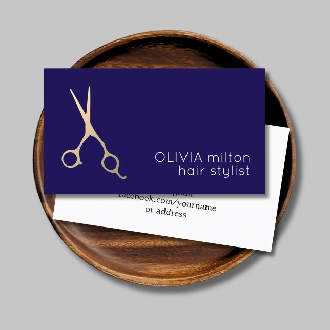 Minimalist Dark Blue Faux Gold Scissor HairStylist Business Card (Creator Uploaded)