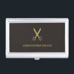 Minimalist Dark Faux Gold Scissor Hairstylist Business Card Holder<br><div class="desc">Elegant business card holder with faux gold scissor pattern and dark grey background. Perfect for hairstylist. Minimalist masculine design.</div>