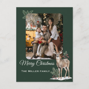 Minimalist Dark Green Deer Custom Photo Christmas Holiday Postcard