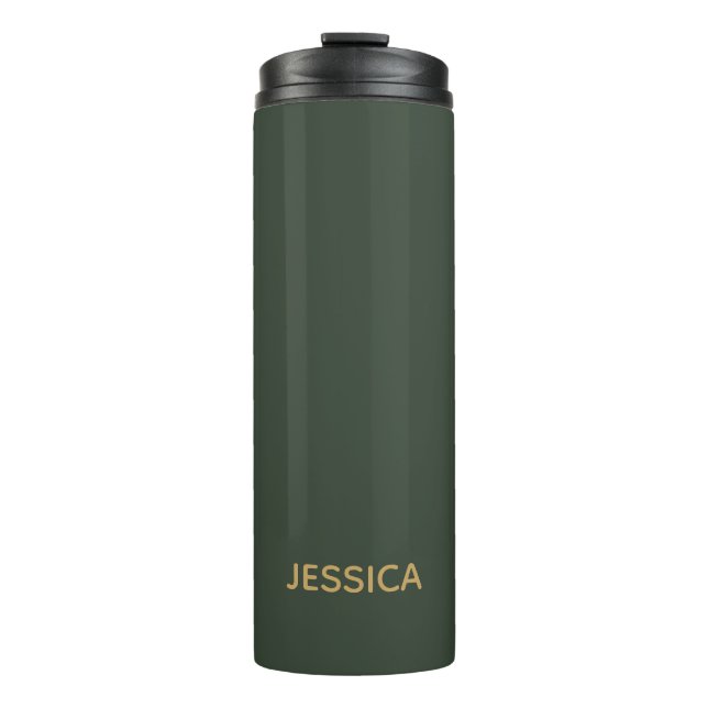 Minimalist dark green gold script personalised thermal tumbler (Front)