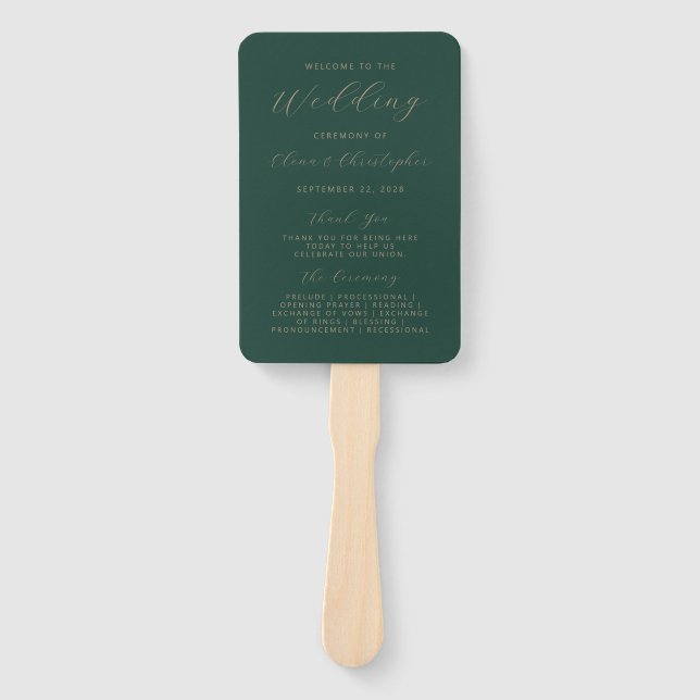 Minimalist Dark Green Gold Script Wedding Program Hand Fan (Front)