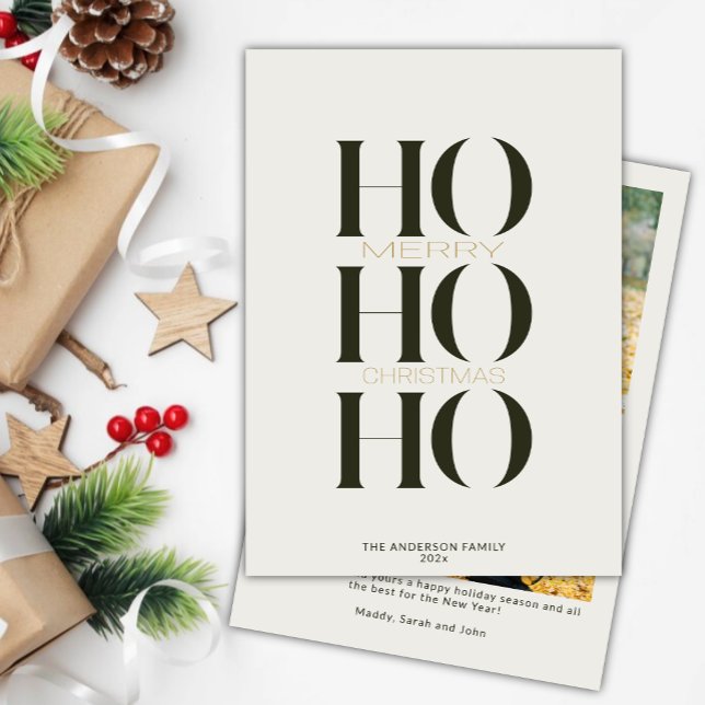 Minimalist Dark Green "HO HO HO" Photo Christmas  Holiday Card (Creator Uploaded)
