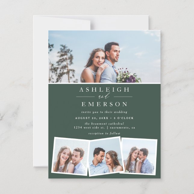 Minimalist Dark Green Photo Collage Wedding Magnetic Invitation (Front)