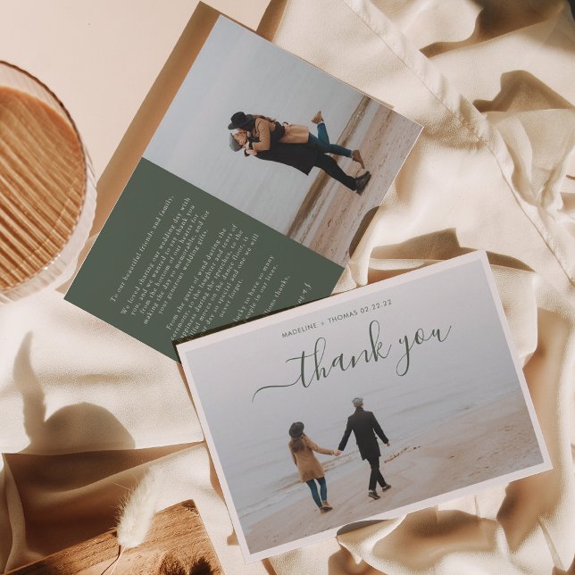 Minimalist Dark Green Script with 2 photo wedding Thank You Card (Creator Uploaded)