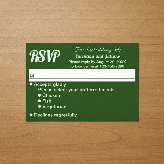 Minimalist Dark Green Wedding RSVP Card (Typography style minimalist dark green wedding RSVP card)