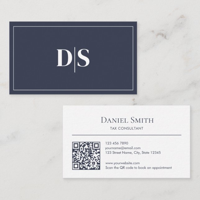 Minimalist Dark Grey and White Initials QR Code Business Card (Front/Back)
