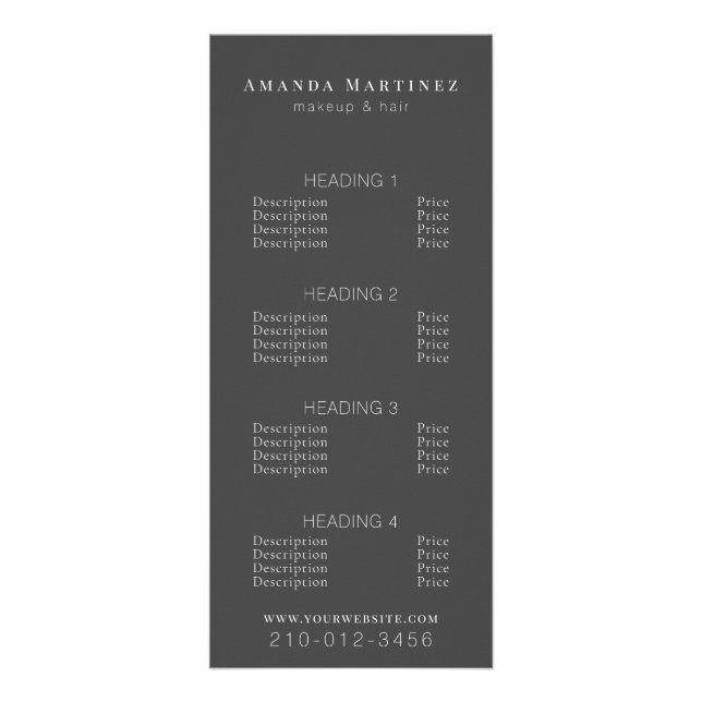 Minimalist Dark Grey Salon Price List Service Menu (Front)