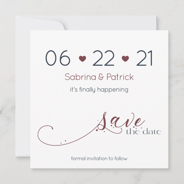 Minimalist Dark Navy & Burgundy  Save the Date Invitation (Front)