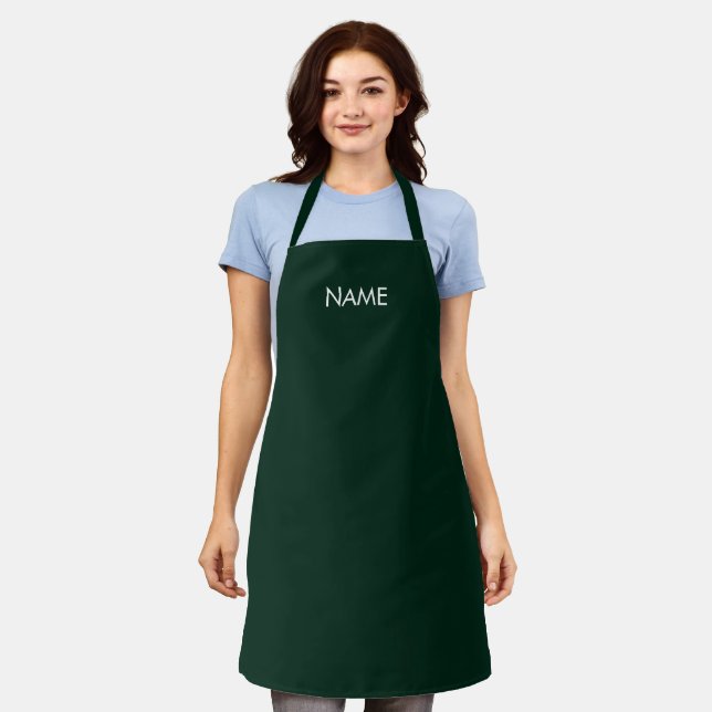 Minimalist dark pine green custom name text solid apron (Worn)