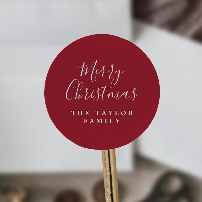 Minimalist Dark Red Merry Christmas Holiday Gift Classic Round Sticker (Creator Uploaded)