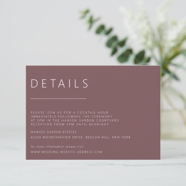 Minimalist Dark Rose Wedding Details Invitation (Standing Front)