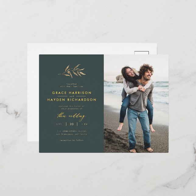 Minimalist Dark Teal & Sepia Branch Wedding Photo Foil Invitation Postcard (Front/Back)
