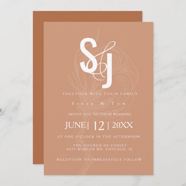 Minimalist Dark Terracotta Cotton Floral Wedding Invitation (Front/Back)
