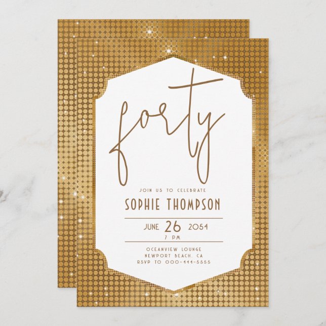 Minimalist Deco Frame Gold Sequins 40th Birthday Invitation (Front/Back)