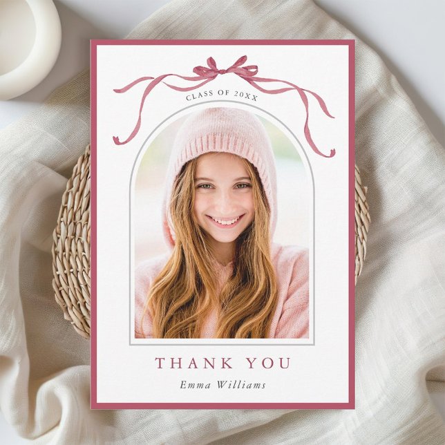 Minimalist Deep Blush Bow Graduation Photo Thank You Card (Creator Uploaded)