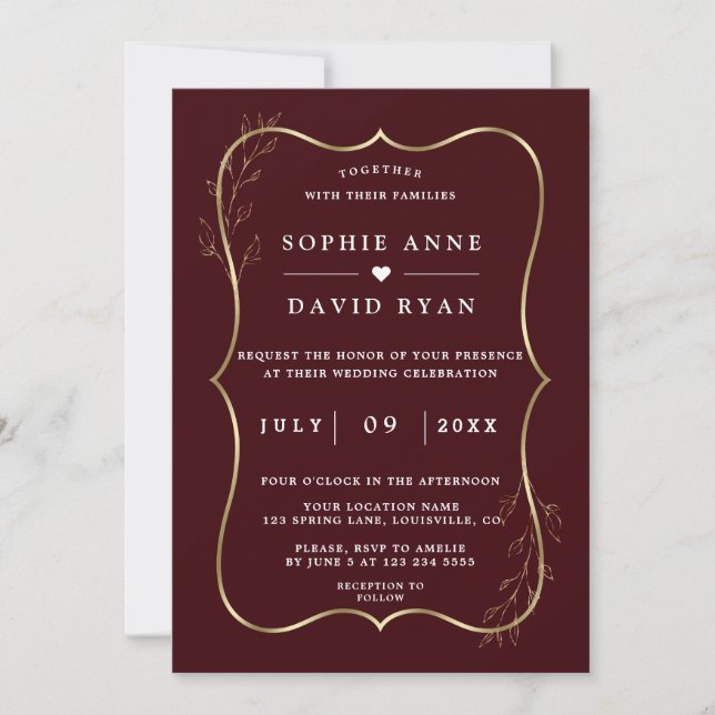 Minimalist Deep Burgundy Gold Line Art Wedding  Invitation (Front)