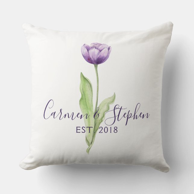 Minimalist Deep Purple Single Tulip Wedding Cushion (Front)