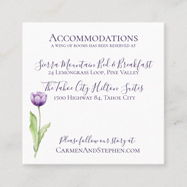 Minimalist Deep Purple Single Tulip Wedding Detail Square Business Card (Front)