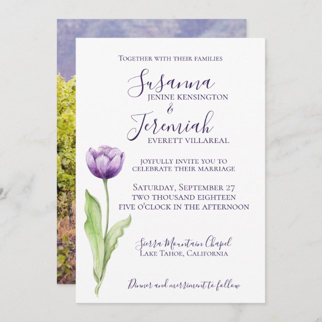 Minimalist Deep Purple Single Tulip Wedding Photo Invitation (Front/Back)