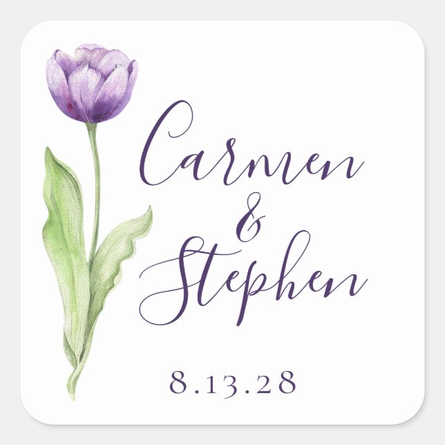 Minimalist Deep Purple Single Tulip Wedding Square Sticker (Front)