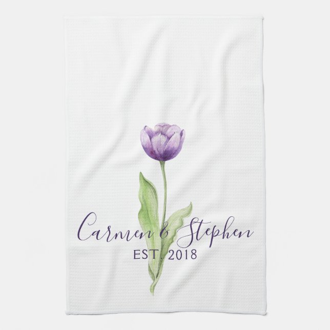 Minimalist Deep Purple Single Tulip Wedding Tea Towel (Vertical)
