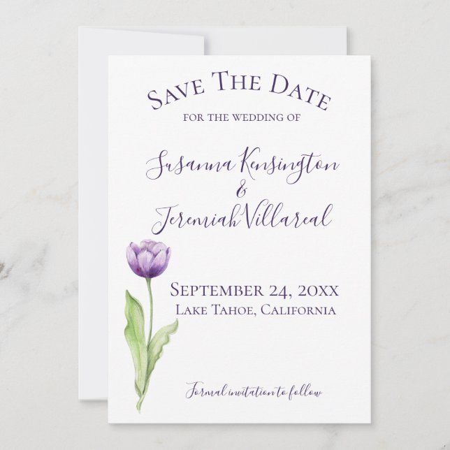Minimalist Deep Purple Tulip Photo Save the Date (Front)
