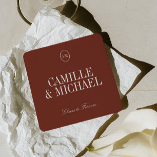 Minimalist Deep Terracotta Red Wedding Monogram Square Paper Coaster