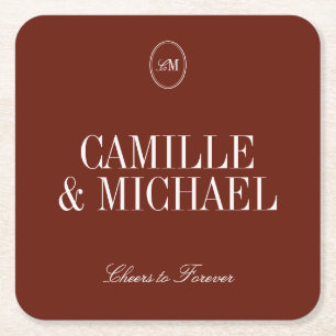Minimalist Deep Terracotta Red Wedding Monogram  Square Paper Coaster