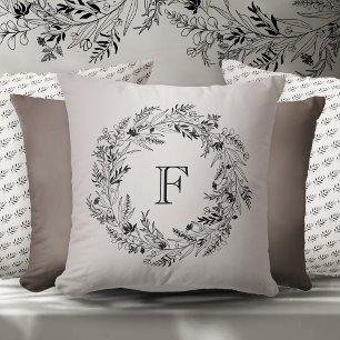 Minimalist Delicate foliage circle with letter F Cushion