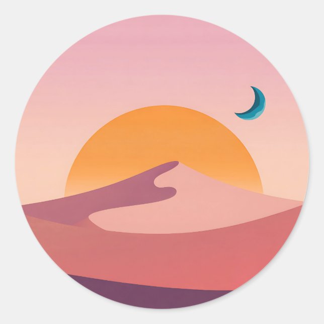 Minimalist Desert Sunset Moon Landscape Classic Round Sticker (Front)
