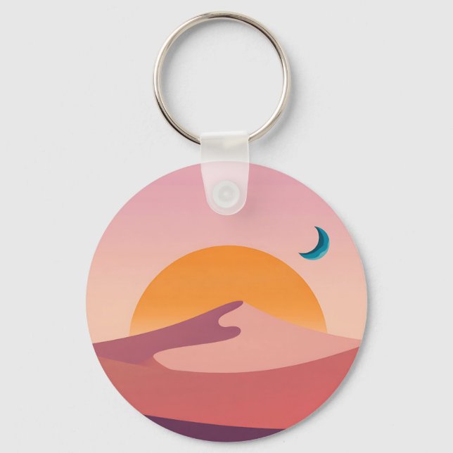 Minimalist Desert Sunset Moon Landscape Key Ring (Front)