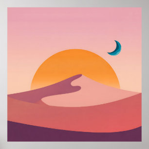 Minimalist Desert Sunset Moon Landscape Poster