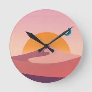 Minimalist Desert Sunset Moon Landscape Round Clock