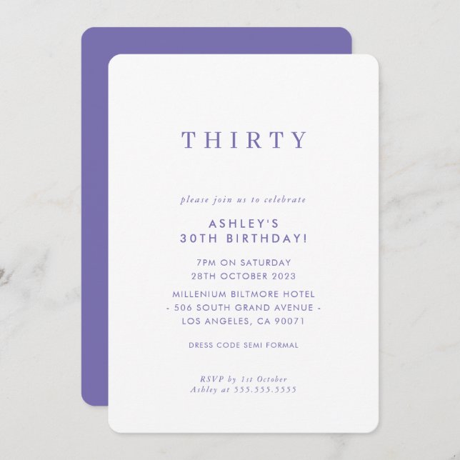 MINIMALIST design birthday chic modern purple Invitation (Front/Back)