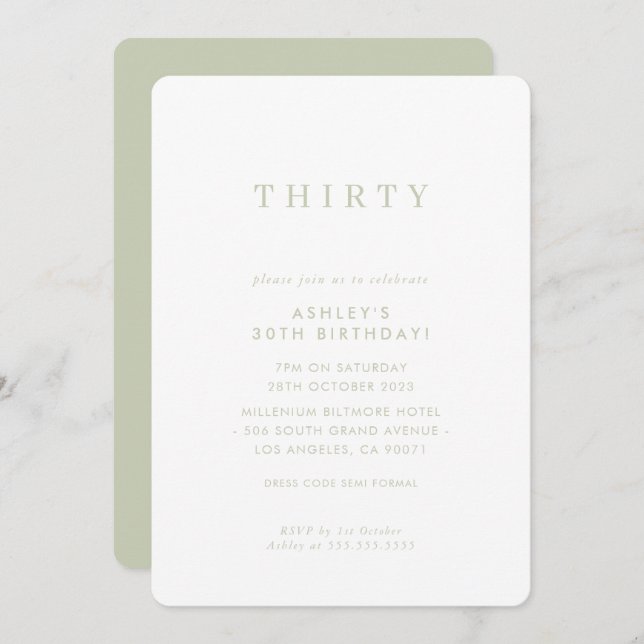 MINIMALIST design birthday chic modern sage green Invitation (Front/Back)