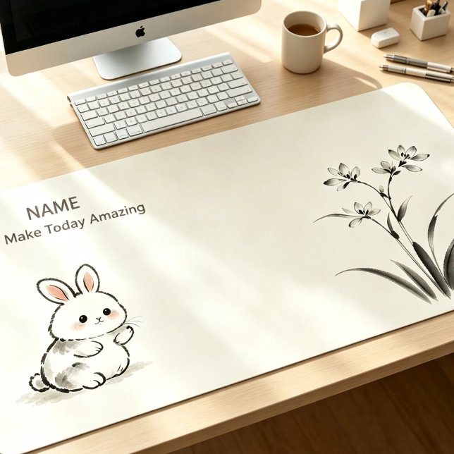 Minimalist Desk Mat Custom Name Bunny Orchid (Custom name large desk mat, cute ink‑wash bunny & orchid, personalized workspace decor for office & )