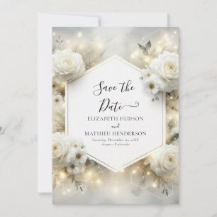 Minimalist Digital White Roses Wedding Save The Date