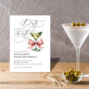 Minimalist Dirty Thirty Martini Pink Bow Birthday Invitation