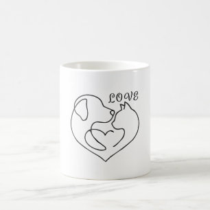 Minimalist Dog and Cat Heart - One Line Art Design Coffee Mug
