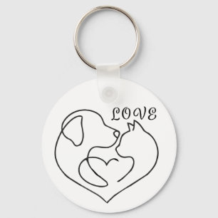 Minimalist Dog and Cat Heart - One Line Art Design Key Ring