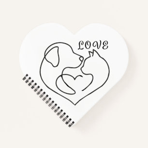 Minimalist Dog and Cat Heart - One Line Art Design Notebook