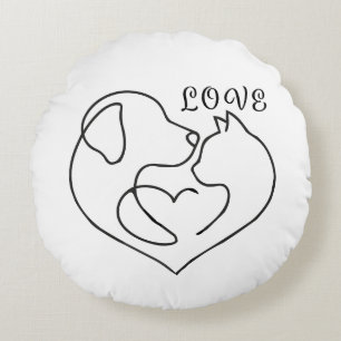 Minimalist Dog and Cat Heart - One Line Art Design Round Cushion